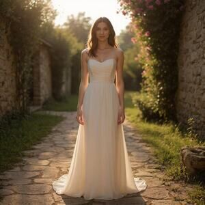 Amsale Silk Crinkle Chiffon Bridesmaid Dress Gown Beige G629C Womens 8